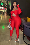 SUPER WHOLESALE | Collared Twist Cut-Out Cropped Sexy High-Waist Long-Sleeve Jumpsuit