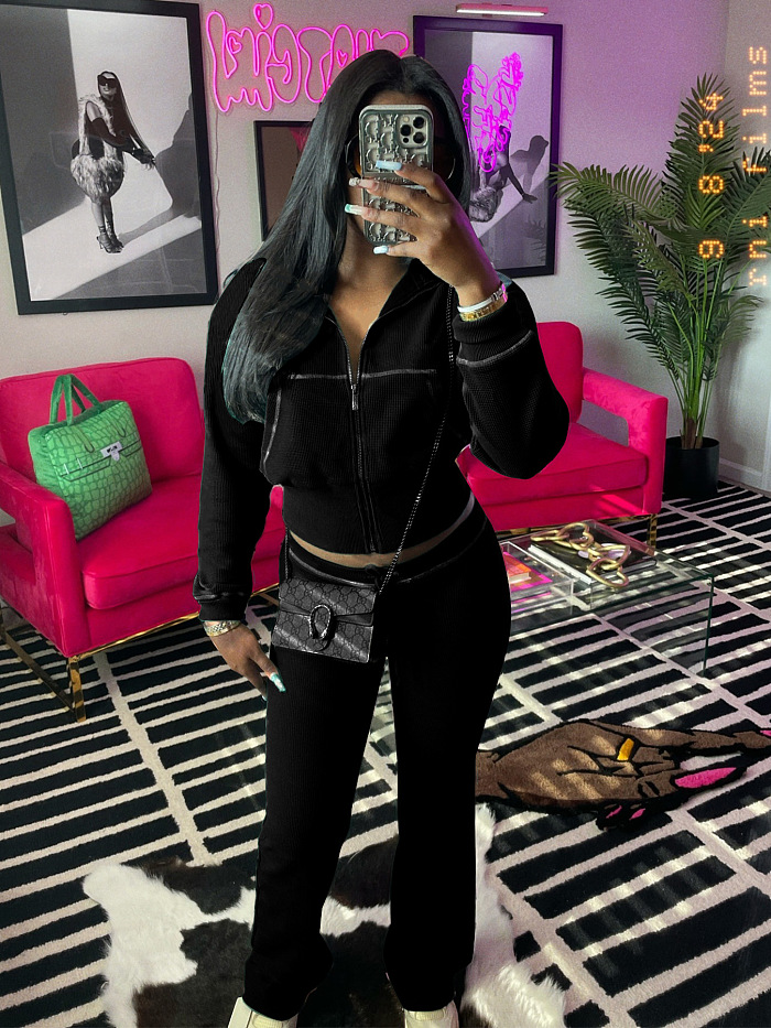 SUPER WHOLESALE | Waffle Knit Waist-Cinching Long-Sleeve Set