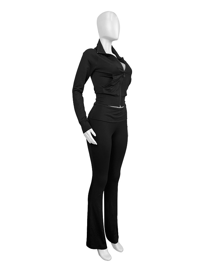 SUPER WHOLESALE | Fitted Zipper Low-Waist Folded Micro-Flare Fleece Set