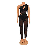 SUPER WHOLESALE | Sexy Mesh Sheer Asymmetric Top Two-Piece Set