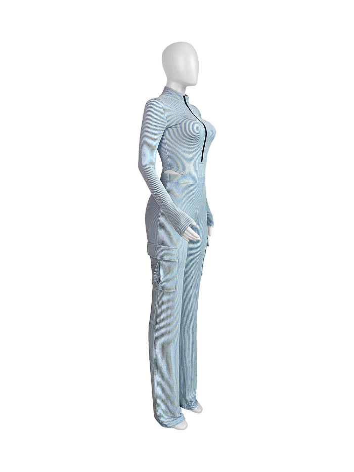 SUPER WHOLESALE | Stretch Twist Ribbed High-Waist Long-Sleeve Jumpsuit With Utility Pants Set