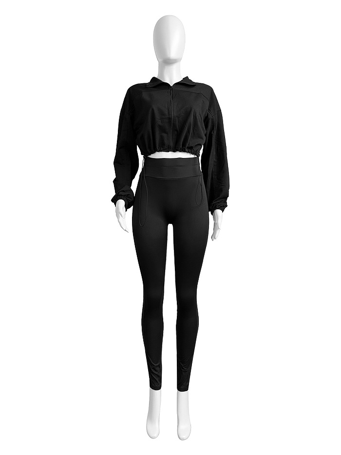 SUPER WHOLESALE | Zipper Elastic Waist-Cinched Drop-Shoulder Two-Piece Set