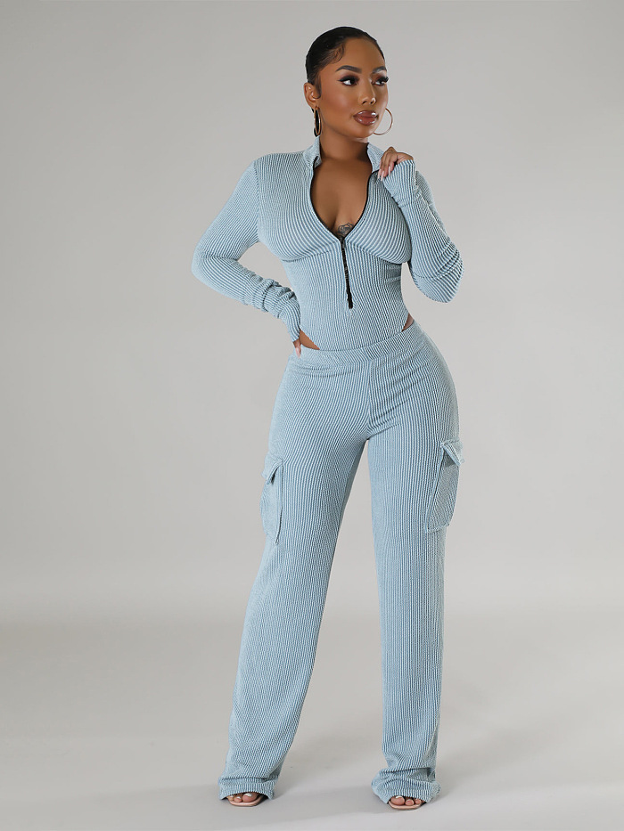 SUPER WHOLESALE | Stretch Twist Ribbed High-Waist Long-Sleeve Jumpsuit With Utility Pants Set