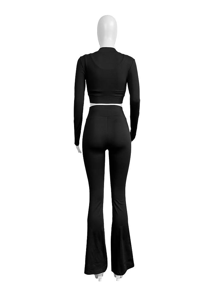 SUPER WHOLESALE | Cropped Top High-Waist Micro-Flare Athletic Three-Piece Set