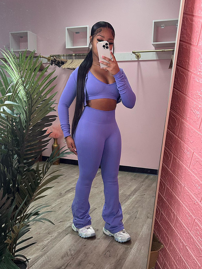 SUPER WHOLESALE | Cropped Top High-Waist Micro-Flare Athletic Three-Piece Set