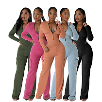 SUPER WHOLESALE | Stretch Twist Ribbed High-Waist Long-Sleeve Jumpsuit With Utility Pants Set