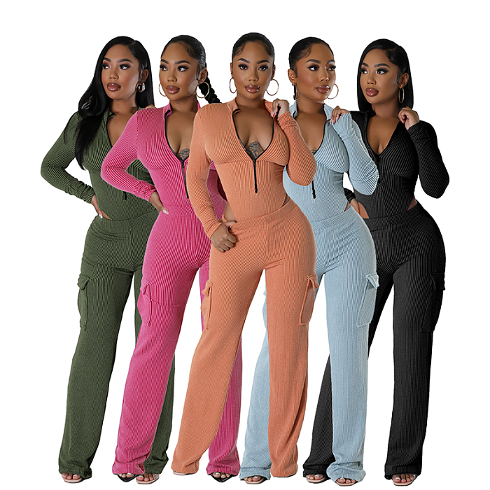 SUPER WHOLESALE | Stretch Twist Ribbed High-Waist Long-Sleeve Jumpsuit With Utility Pants Set
