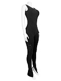 SUPER WHOLESALE |Stretch Cotton Ribbed Large Pocket Single-Sleeve Washed Slim Jumpsuit