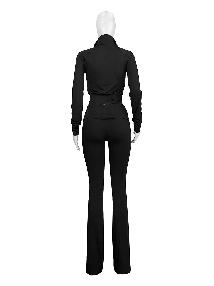 SUPER WHOLESALE | Fitted Zipper Low-Waist Folded Micro-Flare Fleece Set