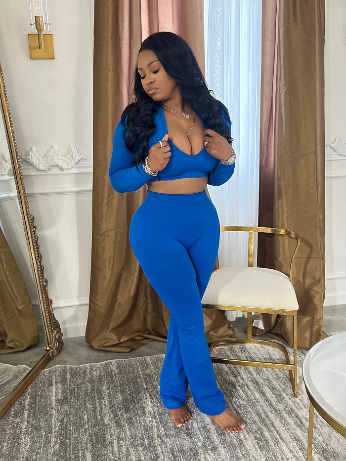 SUPER WHOLESALE | Cropped Top High-Waist Micro-Flare Athletic Three-Piece Set
