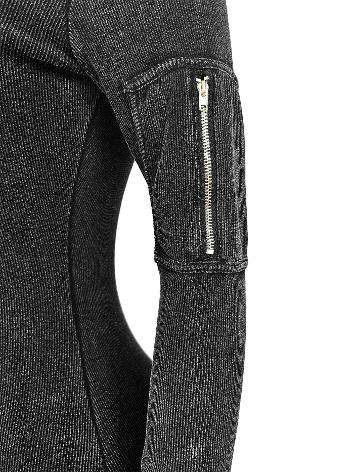 SUPER WHOLESALE |Stretch Cotton Ribbed Large Pocket Single-Sleeve Washed Slim Jumpsuit