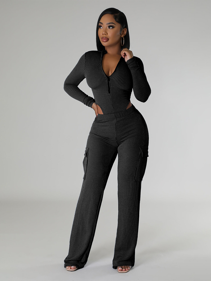 SUPER WHOLESALE | Stretch Twist Ribbed High-Waist Long-Sleeve Jumpsuit With Utility Pants Set