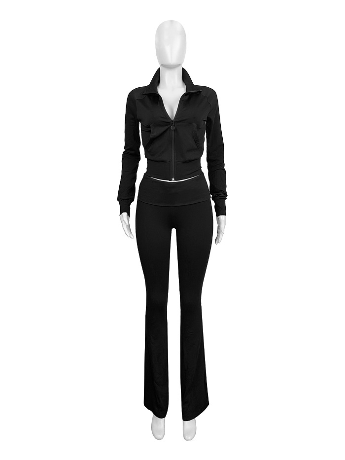 SUPER WHOLESALE | Fitted Zipper Low-Waist Folded Micro-Flare Fleece Set