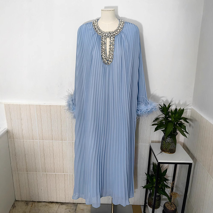 SUPER WHOLESALE | Pleated Design Loose Feather Sleeve Maxi Dress