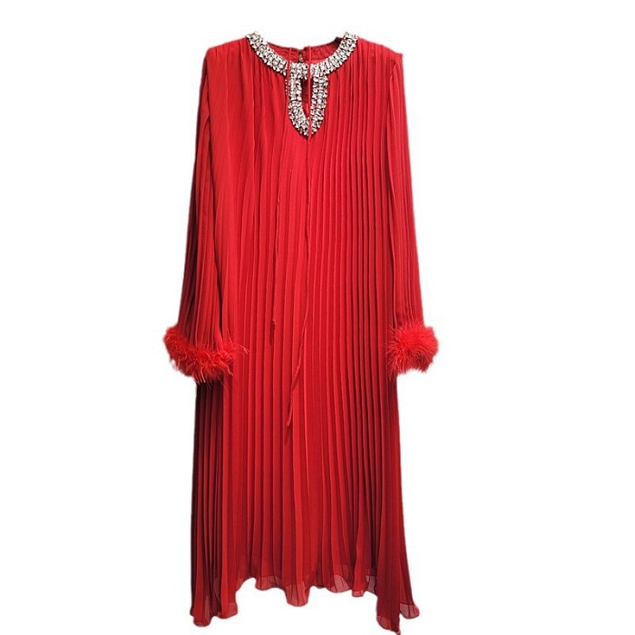 SUPER WHOLESALE | Pleated Design Loose Feather Sleeve Maxi Dress