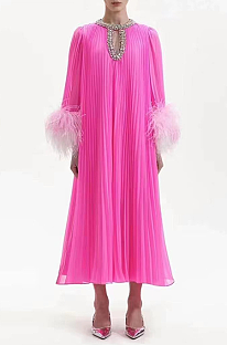 SUPER WHOLESALE | Pleated Design Loose Feather Sleeve Maxi Dress