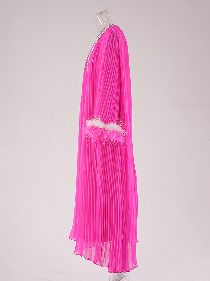 SUPER WHOLESALE | Pleated Design Loose Feather Sleeve Maxi Dress
