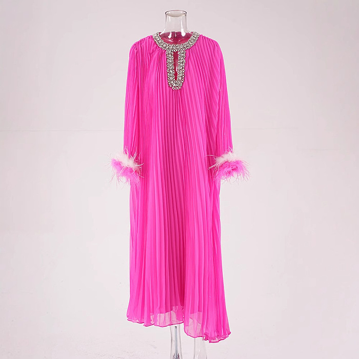 SUPER WHOLESALE | Pleated Design Loose Feather Sleeve Maxi Dress