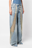 SUPER WHOLESALE | Rhinestone-Inlaid Cut-Out Patchwork Wide-Leg Denim Pants