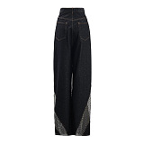 SUPER WHOLESALE | Rhinestone-Inlaid Cut-Out Patchwork Wide-Leg Denim Pants