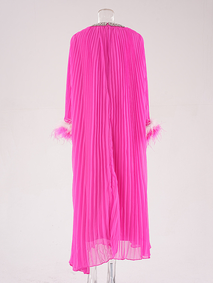 SUPER WHOLESALE | Pleated Design Loose Feather Sleeve Maxi Dress