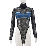 SUPER WHOLESALE |Denim Lace Patchwork Jumpsuit