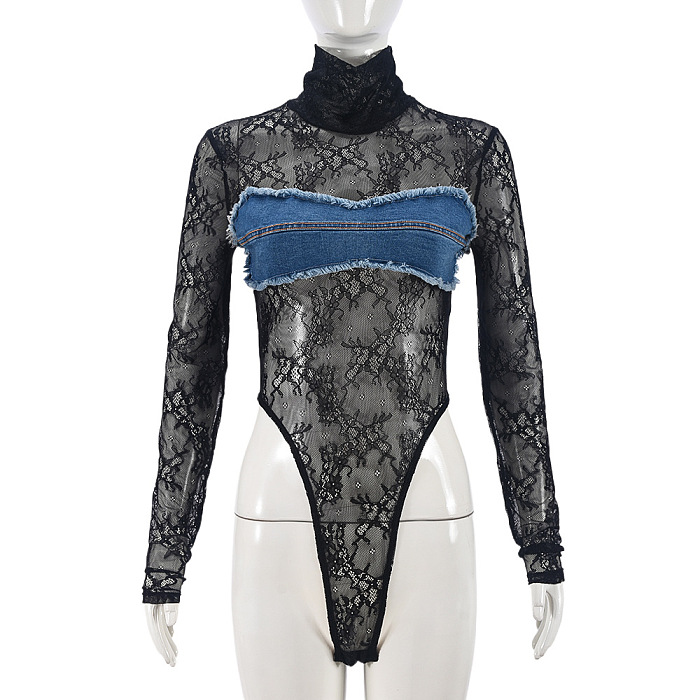 SUPER WHOLESALE |Denim Lace Patchwork Jumpsuit