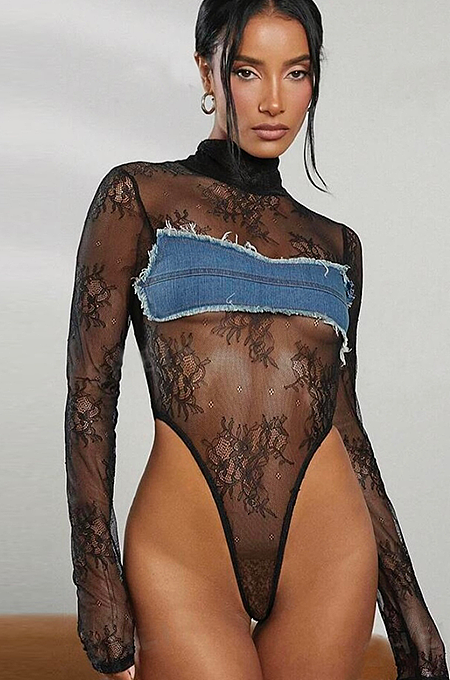 SUPER WHOLESALE |Denim Lace Patchwork Jumpsuit