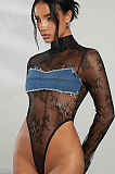 SUPER WHOLESALE |Denim Lace Patchwork Jumpsuit