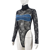 SUPER WHOLESALE |Denim Lace Patchwork Jumpsuit