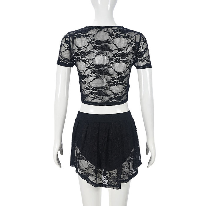 SUPER WHOLESALE | Lace High-Stretch Hollow Cropped Set