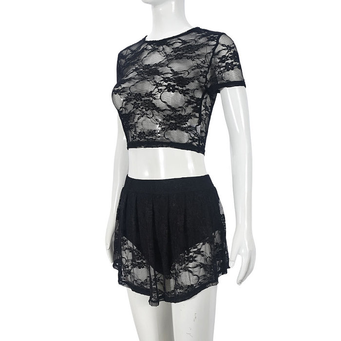 SUPER WHOLESALE | Lace High-Stretch Hollow Cropped Set