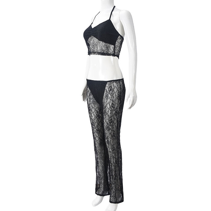 SUPER WHOLESALE | Lace Tank Top Low-Waist Long Pants Two-Piece Set