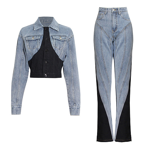 SUPER WHOLESALE | Patchwork Cropped Denim Jacket + High-Waist Straight-Leg Tapered Pants Set