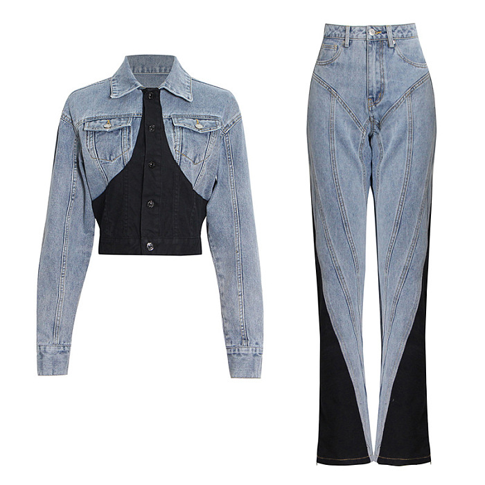 SUPER WHOLESALE | Patchwork Cropped Denim Jacket + High-Waist Straight-Leg Tapered Pants Set