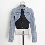SUPER WHOLESALE | Patchwork Cropped Denim Jacket + High-Waist Straight-Leg Tapered Pants Set