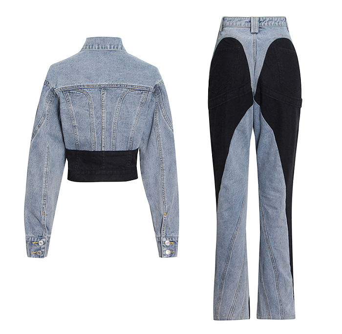 SUPER WHOLESALE | Patchwork Cropped Denim Jacket + High-Waist Straight-Leg Tapered Pants Set