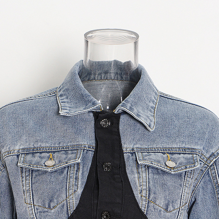 SUPER WHOLESALE | Patchwork Cropped Denim Jacket + High-Waist Straight-Leg Tapered Pants Set