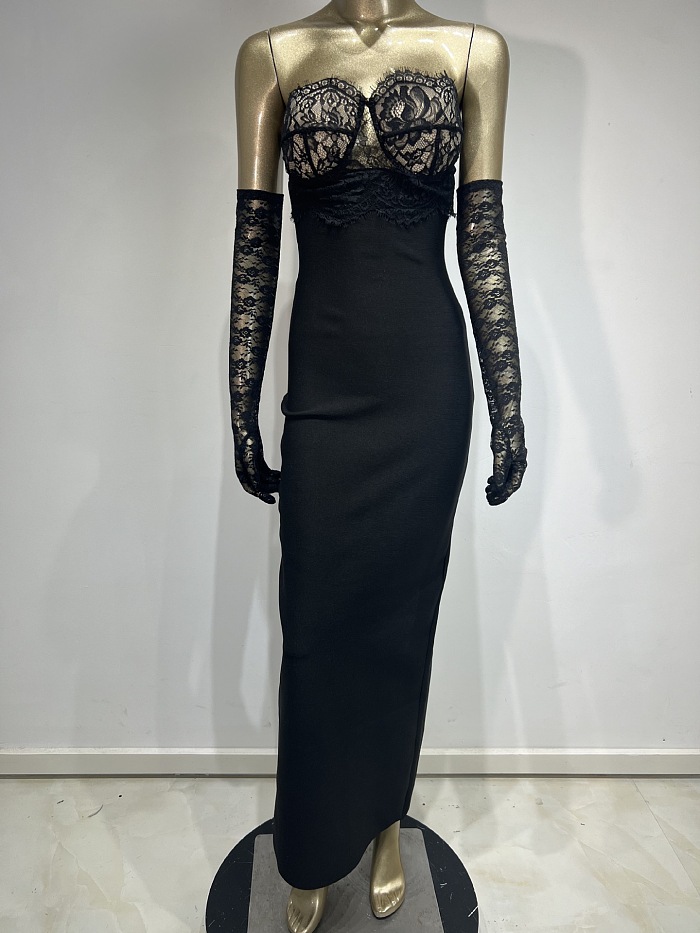 SUPER WHOLESALE | Black Lace Patchwork Evening Party Dress