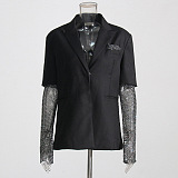 SUPER WHOLESALE | Rhinestone Patchwork Black Midi Oversized Blazer