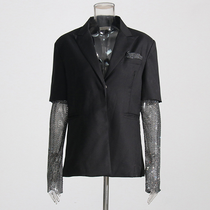 SUPER WHOLESALE | Rhinestone Patchwork Black Midi Oversized Blazer