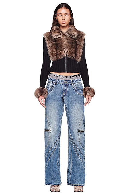 SUPER WHOLESALE | Collared Long-Sleeve Faux Fox Fur Patchwork Sweater Cardigan