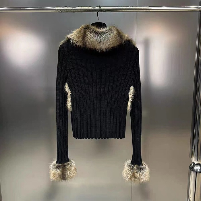 SUPER WHOLESALE | Collared Long-Sleeve Faux Fox Fur Patchwork Sweater Cardigan
