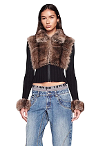 SUPER WHOLESALE | Collared Long-Sleeve Faux Fox Fur Patchwork Sweater Cardigan