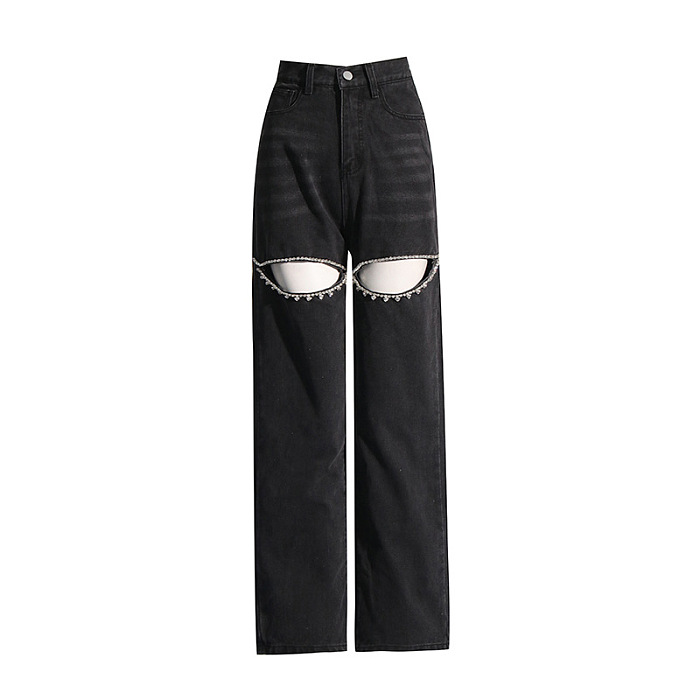 SUPER WHOLESALE | Rhinestone Cut-Out Design Solid Color Wide-Leg Pants