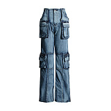 SUPER WHOLESALE | Large Pocket Patchwork Slimming Denim Pants