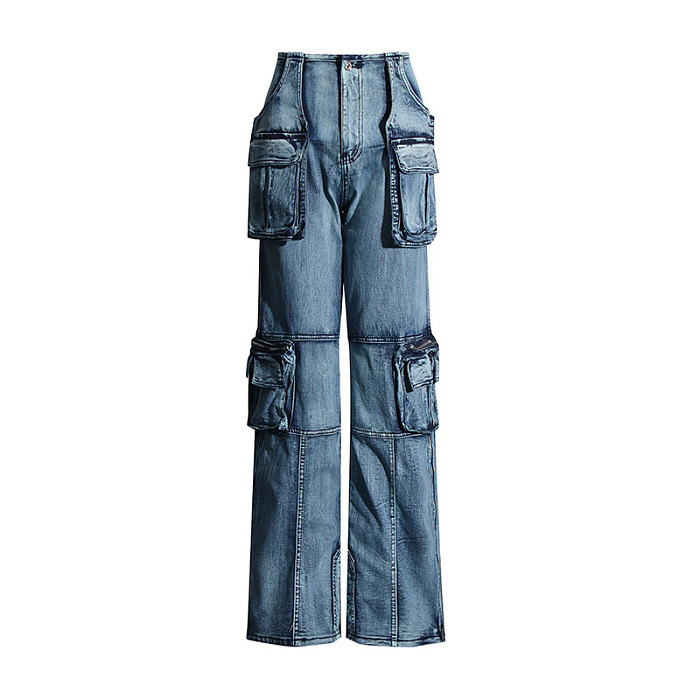 SUPER WHOLESALE | Large Pocket Patchwork Slimming Denim Pants