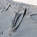 SUPER WHOLESALE |Floral Patchwork High-Waist Straight-Leg Denim Trousers