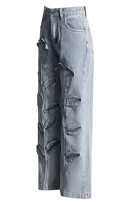 SUPER WHOLESALE |Floral Patchwork High-Waist Straight-Leg Denim Trousers
