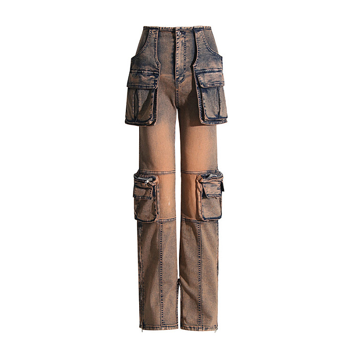 SUPER WHOLESALE | Large Pocket Patchwork Slimming Denim Pants